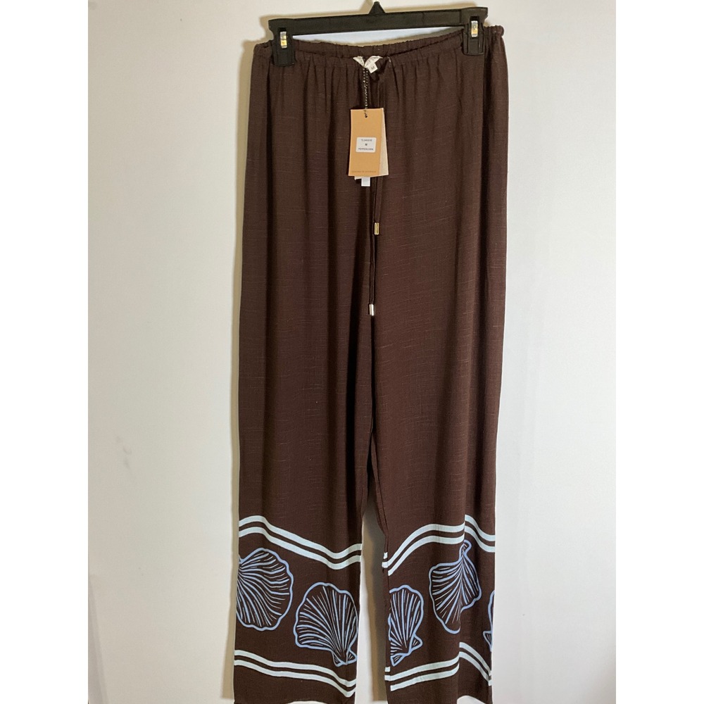 NWTLabel of Love Brown Linen Blend Seashell Print Wide Leg Pants Womens Medium